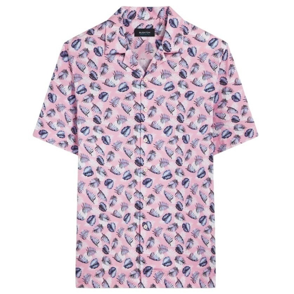 Bugatchi Mens XL Pink Cole Leaf Print OoohCotton‎ Camp Short Sleeve Shirt